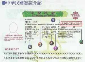 Виза в Тайвань: 1 - тип визы (турист, резидент, бизнес), 2- дата заезда 3 - время пребывания 4 - кол-во въездов на Тайвань, 5 - номер визы, 6 - ремарки Консульства Тайваня.