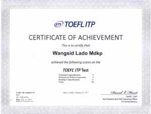 Сертификат об успешной сдаче экзамена TOEFL (образец)